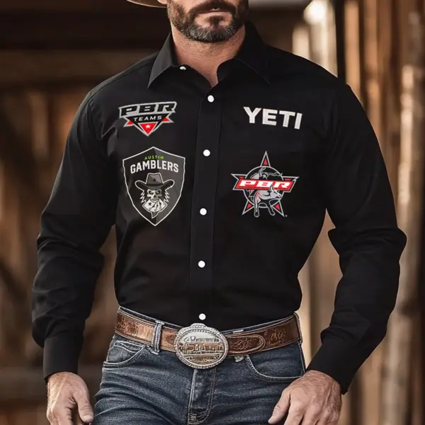 Men's Western Cowboy Outdoor PBR Teams Long Sleeved Black Shirts - Bustalent.com 