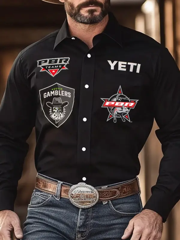 Men's Western Cowboy Outdoor PBR Teams Long Sleeved Black Shirts - Menwyx.com 