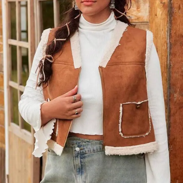 Women's Vintage Western Cowgirl Suede Lamb Wool Fur Collar Vest - Wayrates.com 