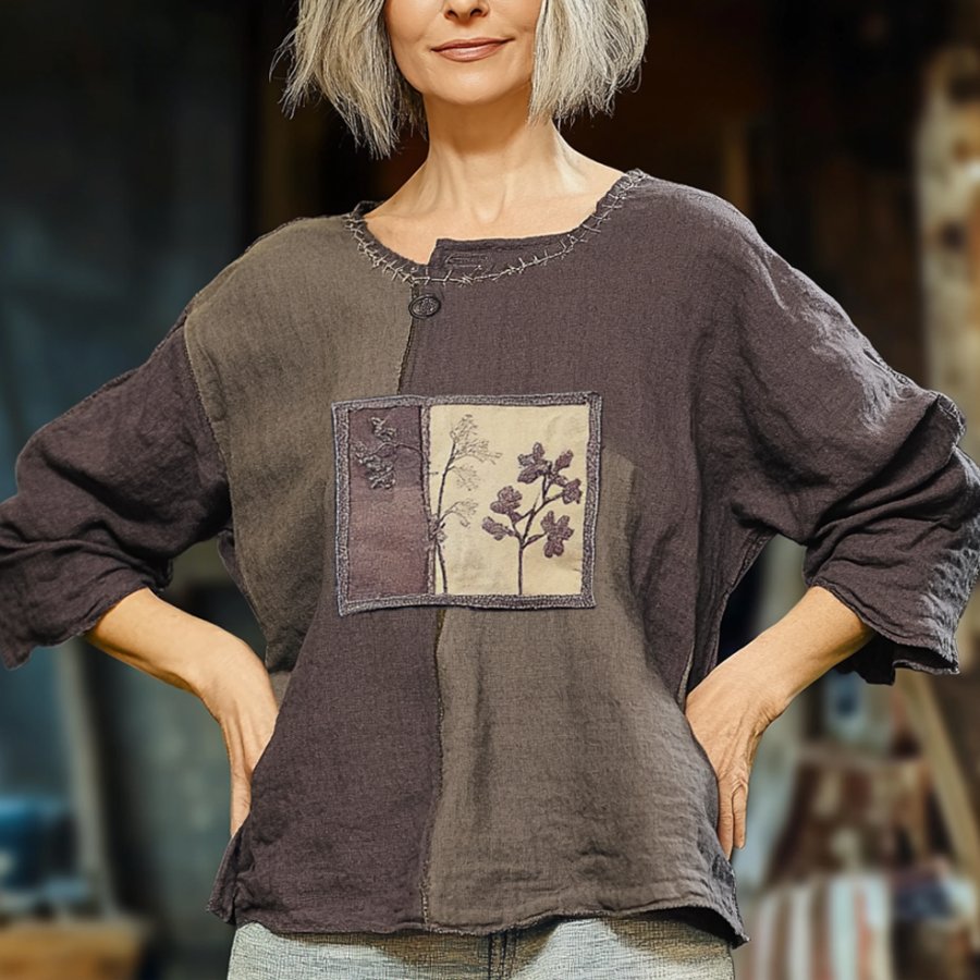 

Women's Vintage Patchwork Western Floral Print Cotton Linen Boho Loose Shirt