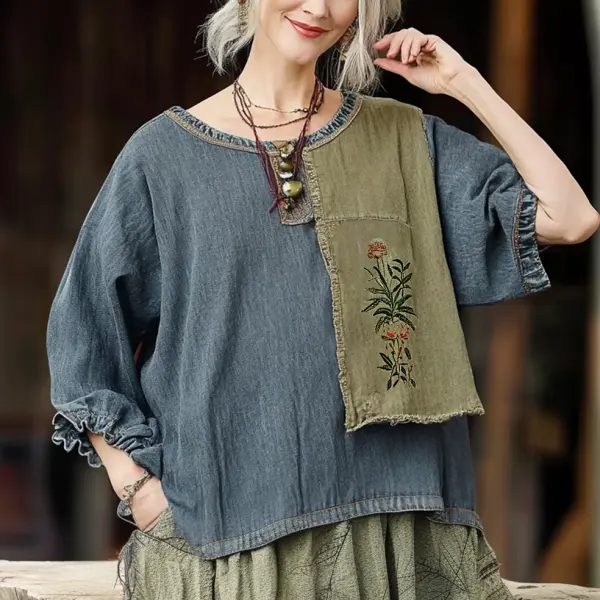 Women's Vintage Loose-leaf Patchwork Western Floral Print Cotton Linen Boho Loose Shirt - Wayrates.com 