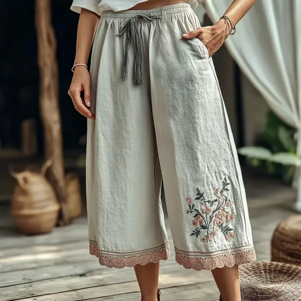 Women's Vintage Floral Printed Cotton Hemp Capri Pants - Elementnice.com 