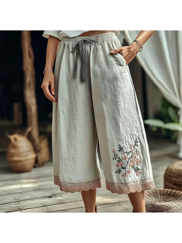 Women's Vintage Floral Printed Cotton Hemp Capri Pants - Cominbuy.com 