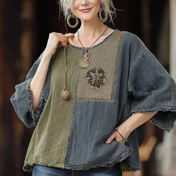 Women's Vintage Patchwork Western Floral Print Cotton Linen Boho Loose Shirt - Wayrates.com 