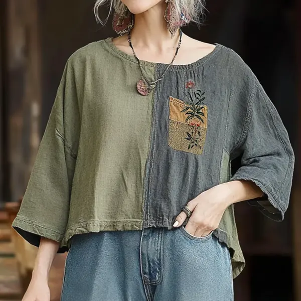 Women's Vintage Patchwork Western Floral Print Cotton Linen Boho Loose Shirt - Wayrates.com 