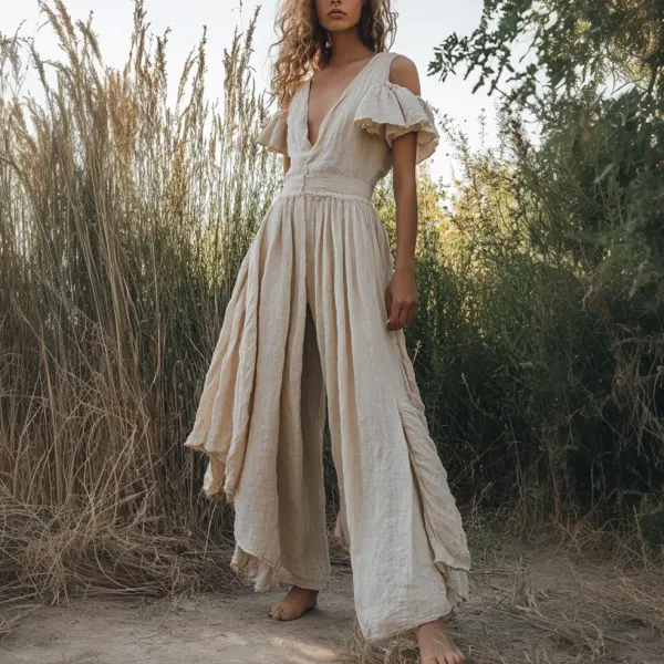 Women's Vintage Ruffled Loose Cotton And Linen Jumpsuit - Wayrates.com 