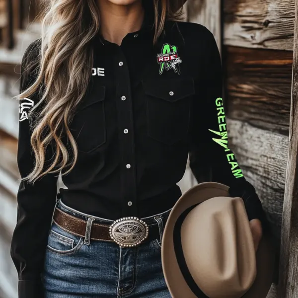 Woman's West Cowboy Outdoor PBR Teams Long Sleeved Black Collar Shirt - Dozenlive.com 