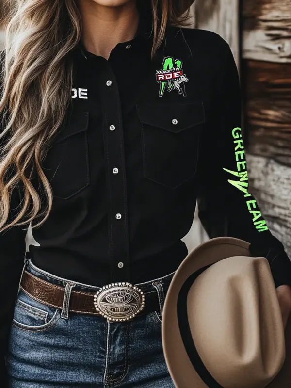 Woman's West Cowboy Outdoor PBR Teams Long Sleeved Black Collar Shirt - Menwyx.com 