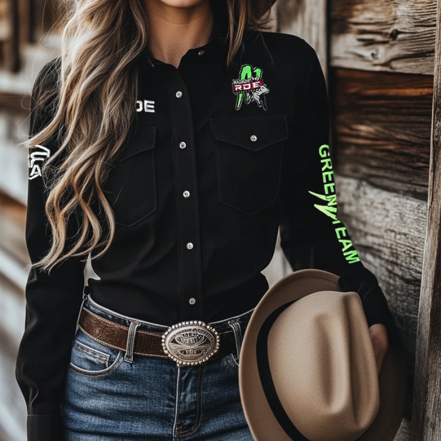 

Woman's West Cowboy Outdoor PBR Teams Long Sleeved Black Collar Shirt