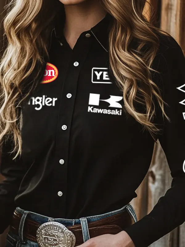 Woman's West Cowboy Outdoor PBR Teams Long Sleeved Collar Black Shirt - Menwyx.com 