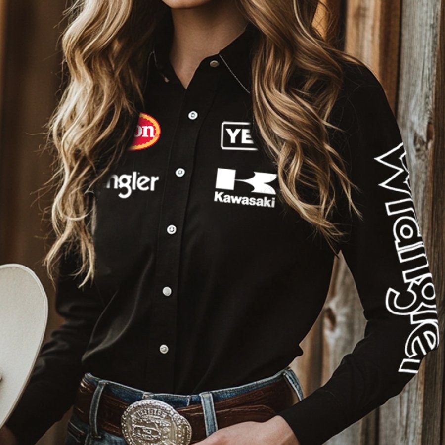 

Woman's West Cowboy Outdoor PBR Teams Long Sleeved Collar Black Shirt