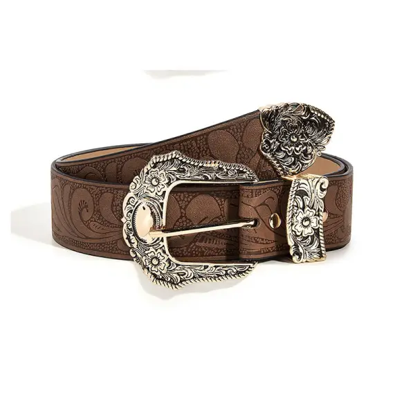 Western Cowboy Vintage Embossed Leather Belt - Dozenlive.com 