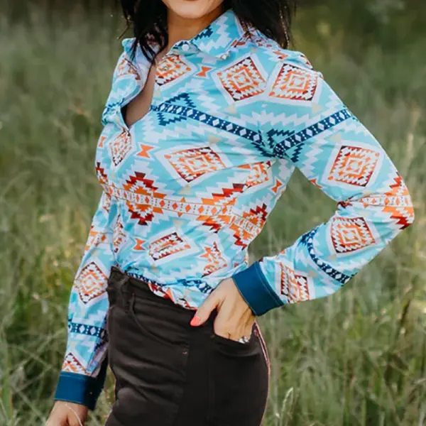 Women's Western Cowboy Cute Rodeo Outfits Rodeo Fashion Ethnic Print Shirt - Elementnice.com 