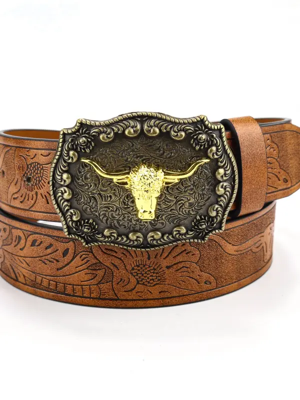 Western Cowboy Vintage Punk Embossed Leather Belt - Pragmaace.com 