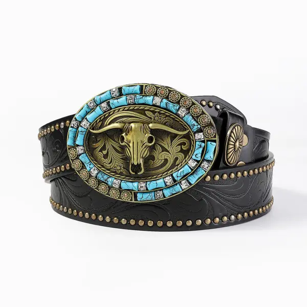 Western Cowboy Bull Head Carving Diamond Belt - Elementnice.com 