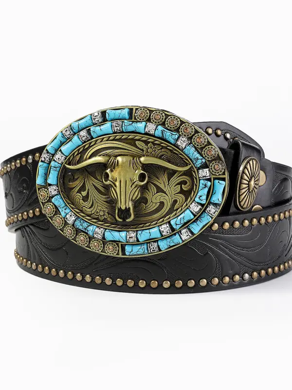 Western Cowboy Bull Head Carving Diamond Belt - Pragmaace.com 