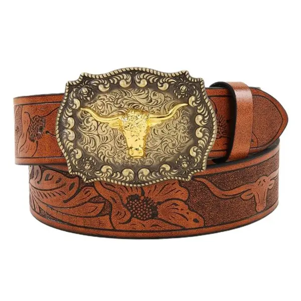 Western Cowboy Vintage Embossed Leather Belt - Trisunshine.com 