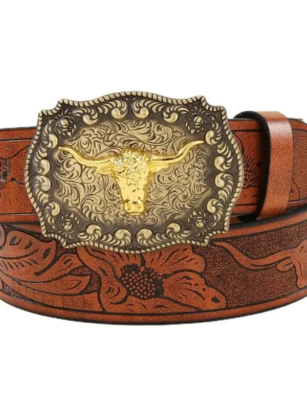 Western Cowboy Vintage Embossed Leather Belt - Pragmaace.com 