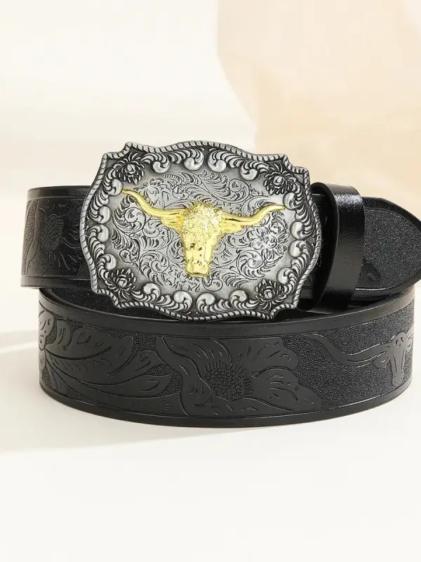 Western Cowboy Large Buckle Denim Carved Ethnic Style PU Leather Belt - Pragmaace.com 