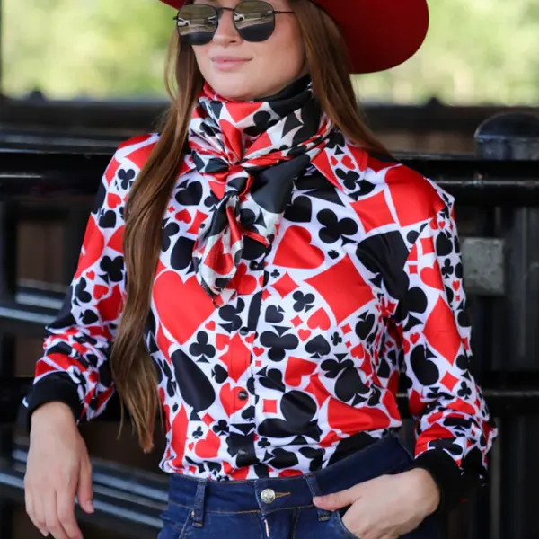 Women's Western Cowboy Cute Rodeo Outfits Rodeo Fashion Poker Print Shirt - Cotosen.com 