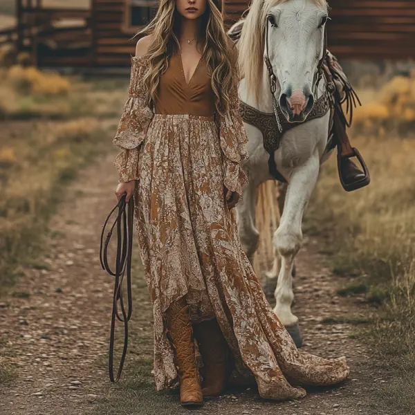 Women's Boho V Neck Color Block Country Maxi Dress Orange - Elementnice.com 