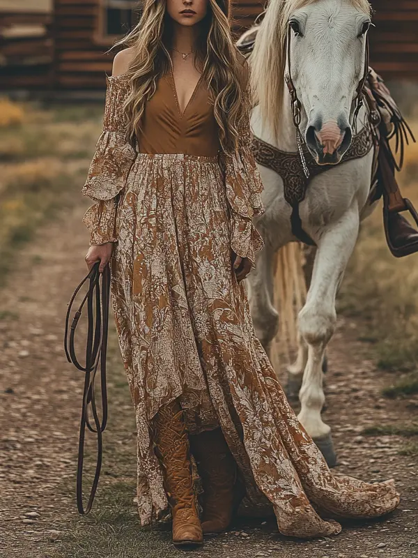 Women's Boho V Neck Color Block Country Maxi Dress Orange - Menwyx.com 