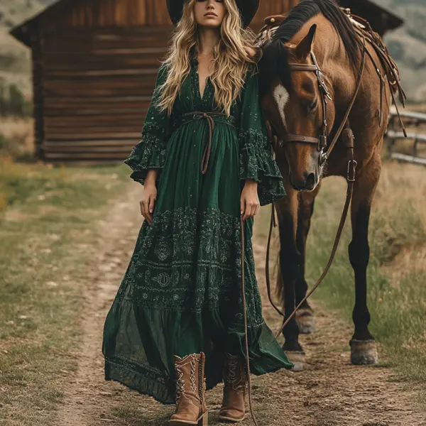 Women's Boho V Neck Long Sleeve Ruffle Print Country Maxi Dress Military Dark Green - Menzfolk.com 