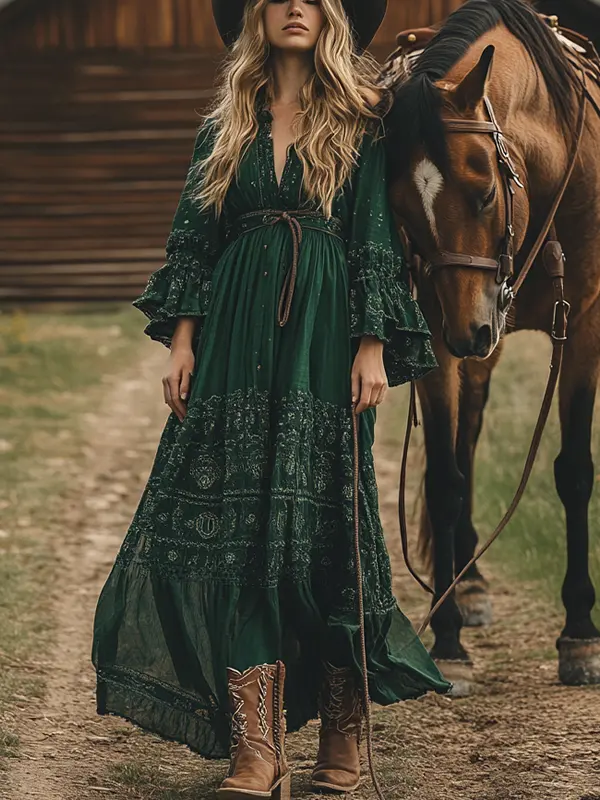 Women's Boho V Neck Long Sleeve Ruffle Print Country Maxi Dress Military Dark Green - Menwyx.com 