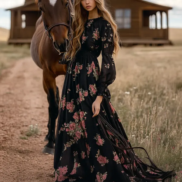 Women's Boho Puffy Sleeves Ruffled Country Maxi Dress Black - Wayrates.com 