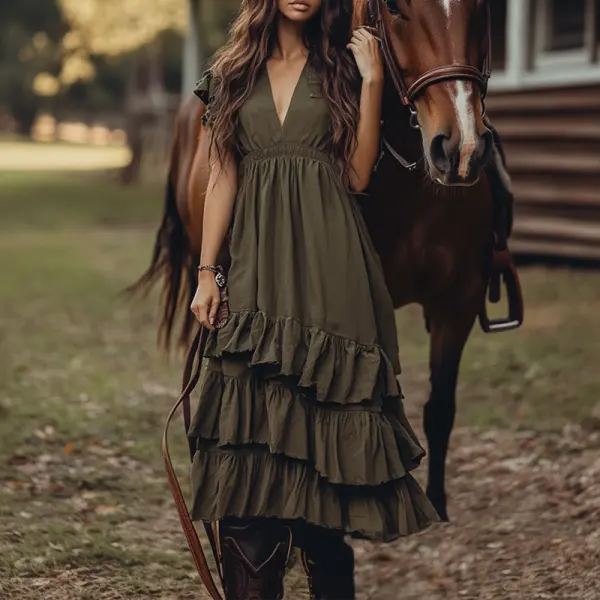 Women's Boho V Neck Cowgirl Ruffle Country Dress Holiday Casual - Wayrates.com 