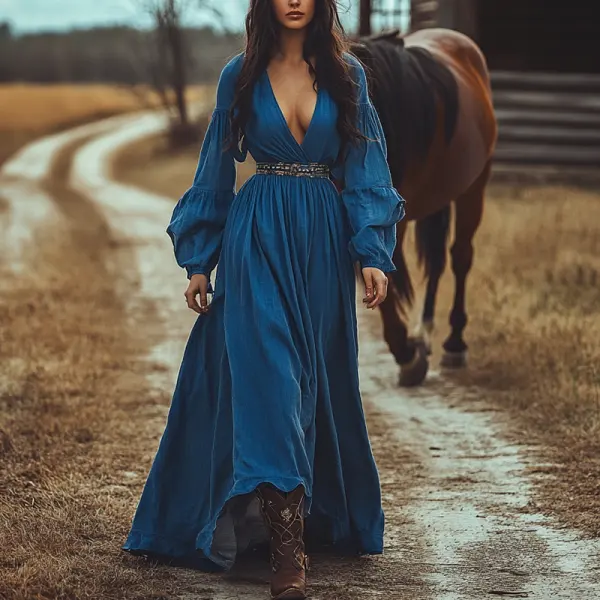 Women's V Neck Puffy Sleeves Ruffled Country Maxi Dress Royal Blue - Wayrates.com 