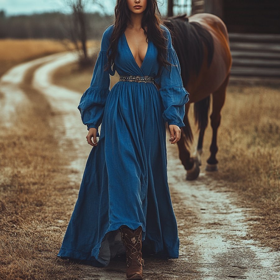 

Women's V Neck Puffy Sleeves Ruffled Country Maxi Dress Royal Blue