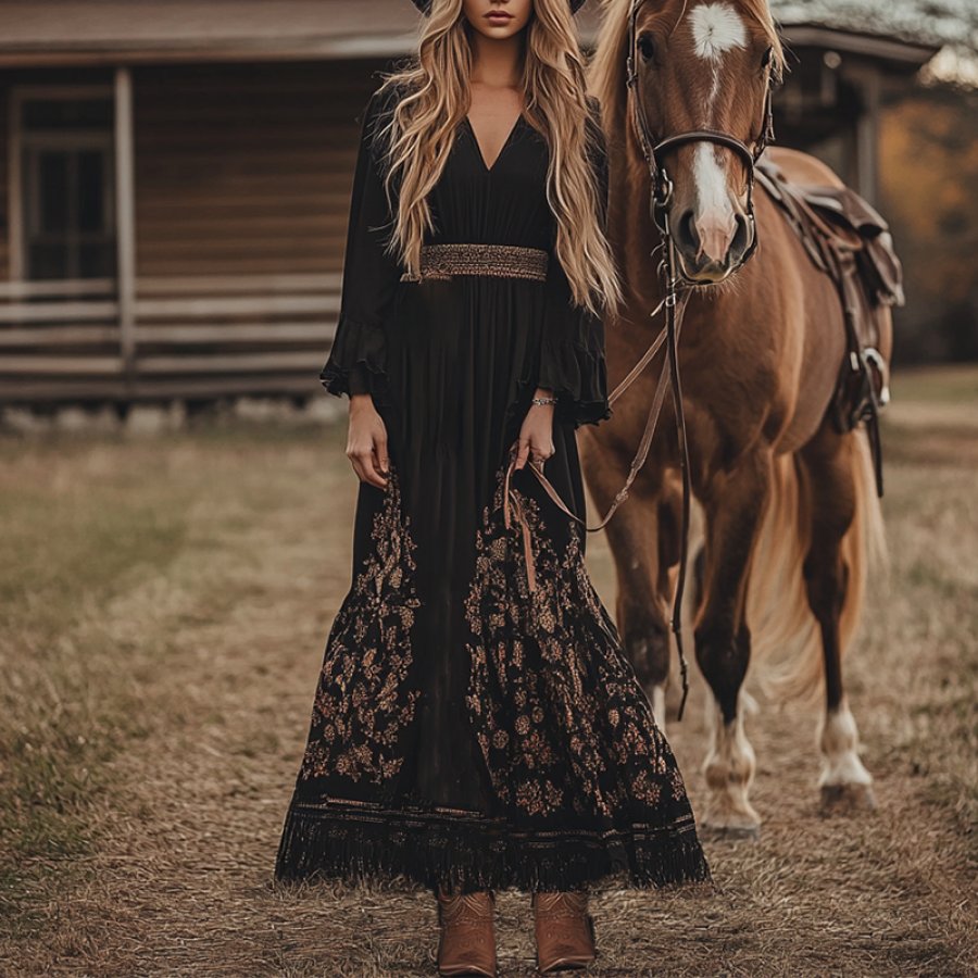

Women's Boho V Neck Print Country Maxi Dress Puffy Sleeves Black