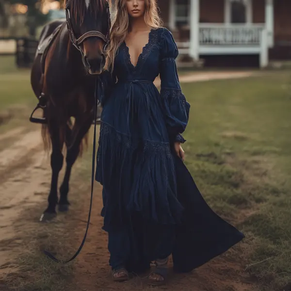 Women's Boho V Neck Lace Country Maxi Dress Royal Blue - Menzfolk.com 