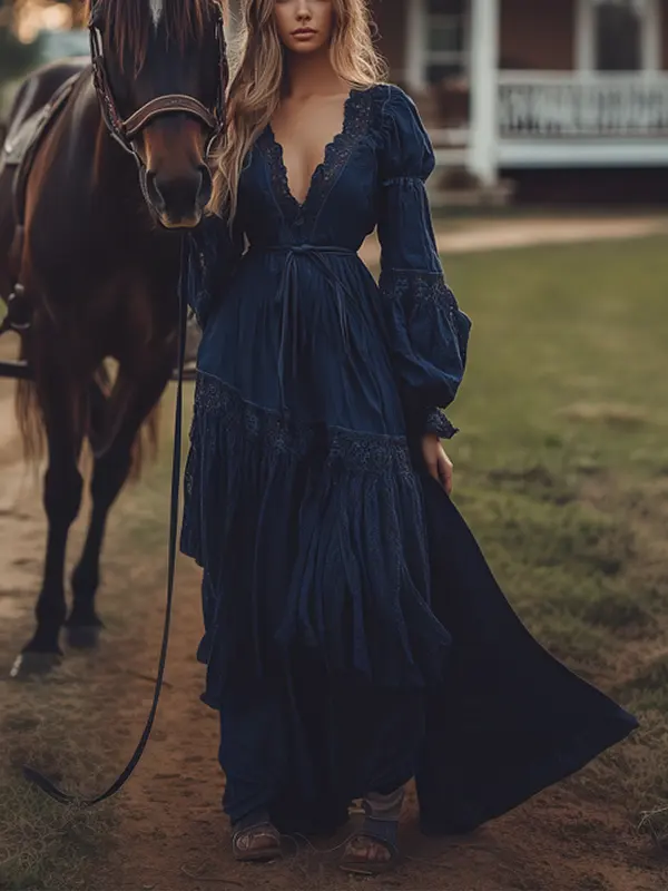 Women's Boho V Neck Lace Country Maxi Dress Royal Blue - Menwyx.com 