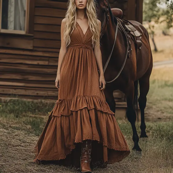 Women's Boho V Neck Lace Country Maxi Dress In Sand - Menzfolk.com 