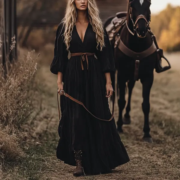 Women's Boho Brown Belt Long Sleeve Ruffle Country Maxi Holiday Black - Wayrates.com 