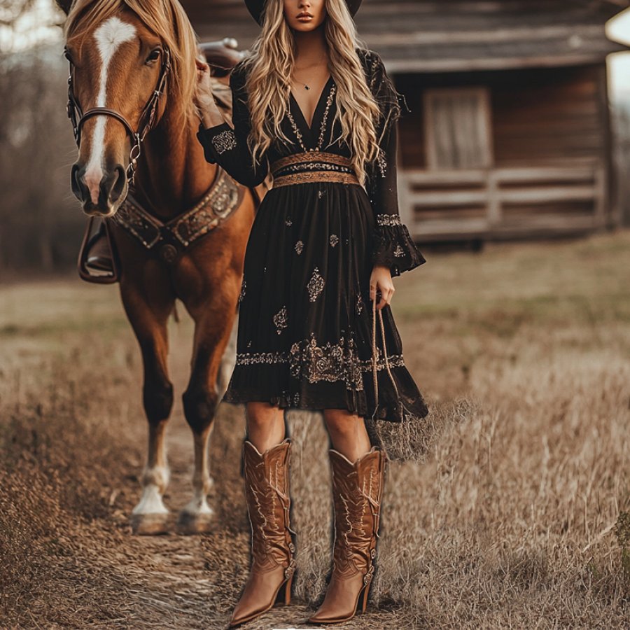 

Women's V Neck Ruffled Country Midi Dress Puffy Sleeves Black