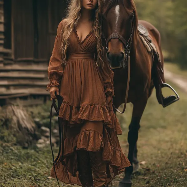 Women's Linen V Neck Ruffled Country Maxi Dress Caramel - Menzfolk.com 