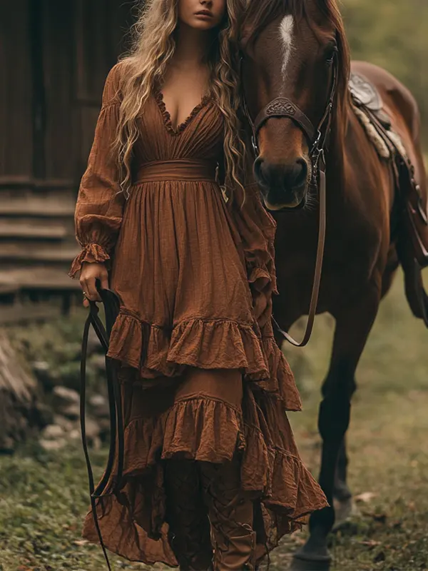 Women's Linen V Neck Ruffled Country Maxi Dress Caramel - Menwyx.com 