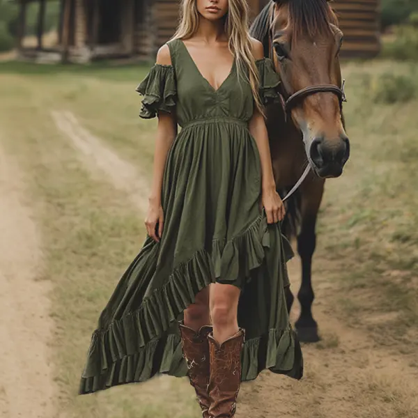 Women's Boho V Neck Ruffle Country Dress Holiday - Wayrates.com 