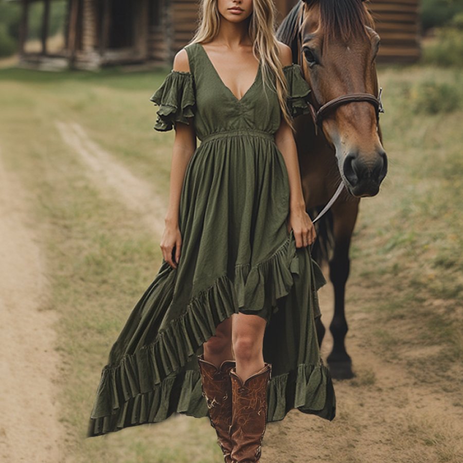 

Women's Boho V Neck Ruffle Country Dress Holiday