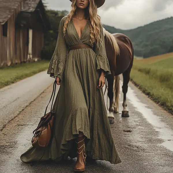 Women's Boho V Neck Long Sleeve Ruffle Country Maxi Dress Military Green - Menzfolk.com 