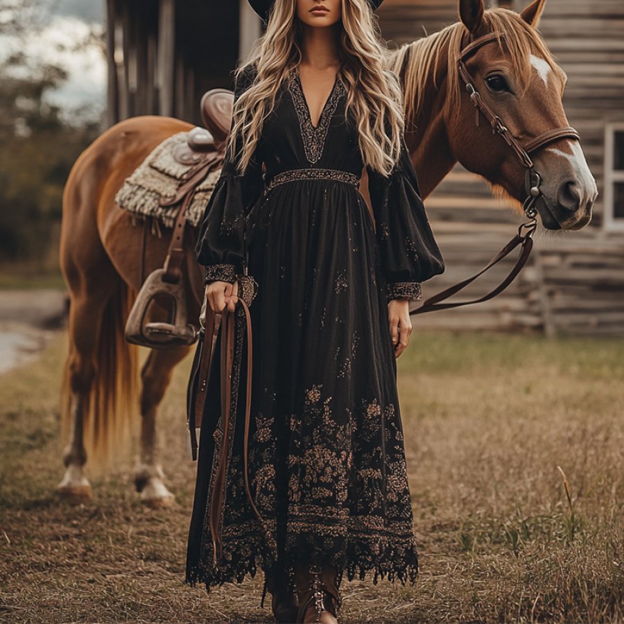 

Women's Puffy Sleeves V Neck Ruffled Country Maxi Dress Black