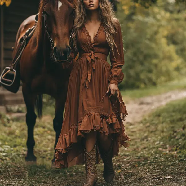 Women's Boho V Neck Ruffled Country Maxi Dress Caramel - Menzfolk.com 