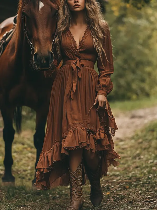 Women's Boho V Neck Ruffled Country Maxi Dress Caramel - Menwyx.com 