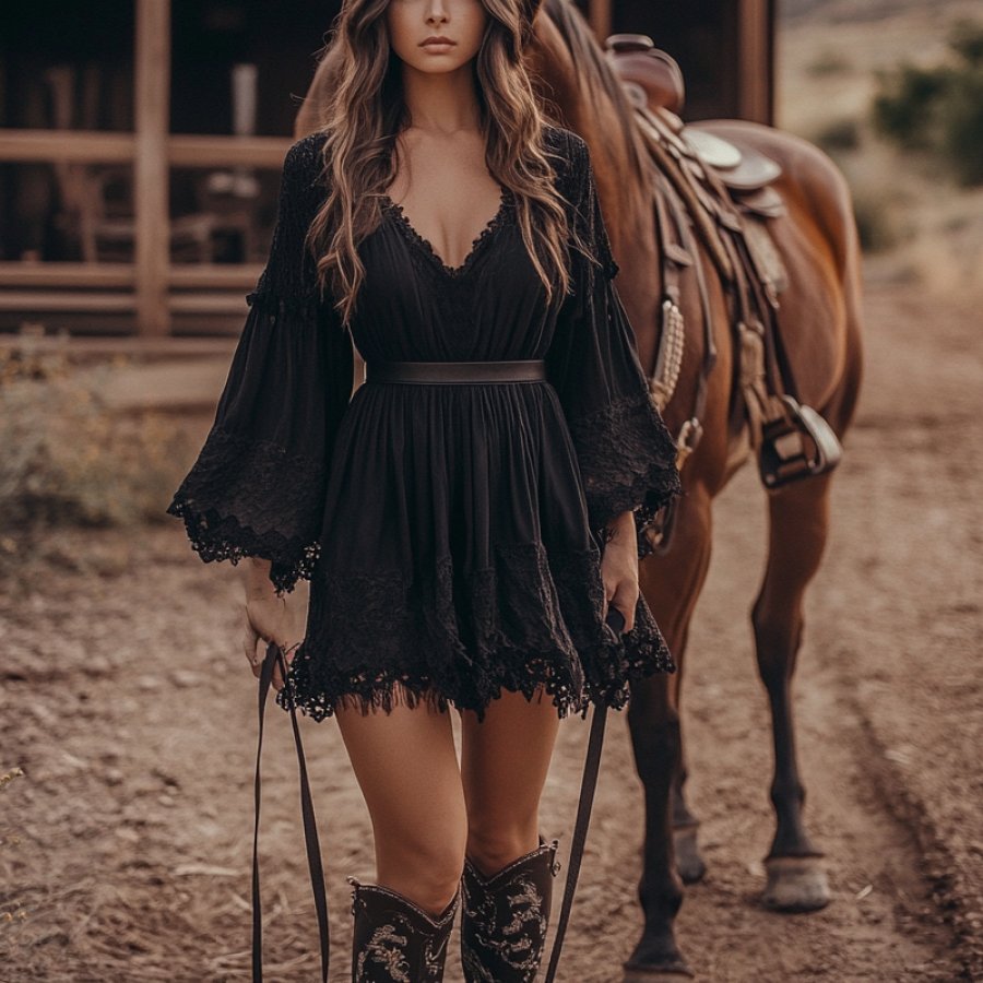 

Women's Boho V Neck Long Sleeve Lace Country Mini Dress