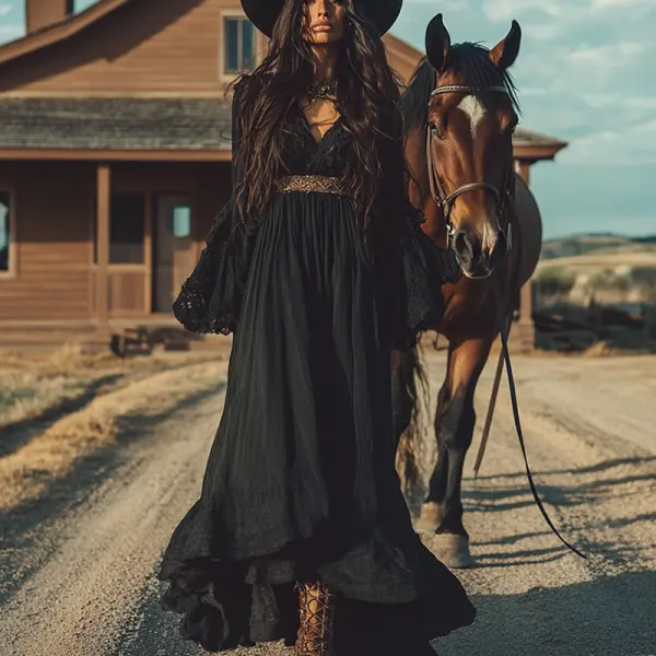 Women's Boho V Neck Ruffled Lace Belt Country Maxi Dress Black - Manlyhost.com 