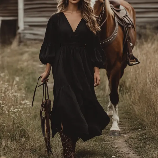 Women's Puffy Sleeves V Neck Ruffled Country Maxi Dress Black - Wayrates.com 