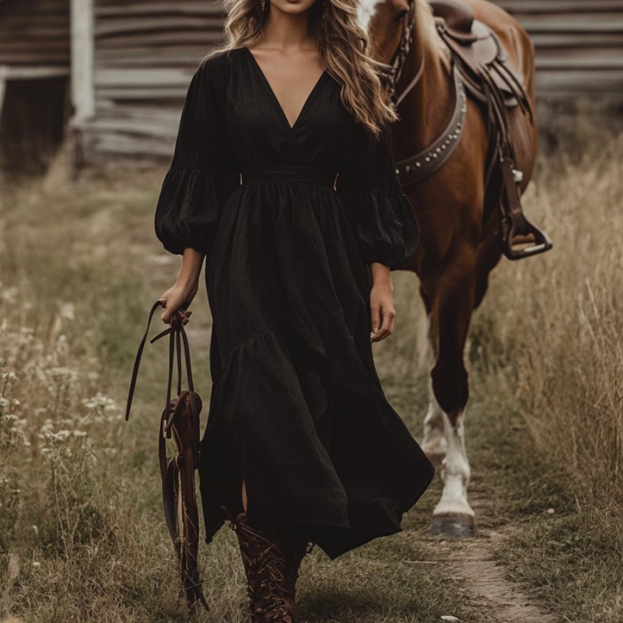 

Women's Puffy Sleeves V Neck Ruffled Country Maxi Dress Black